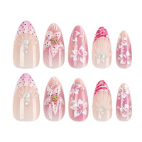 Fairy Seaside Faux Ongles à Presser en PMMA Faits Main, Style Français Amande, avec Breloques Dégradées Effet Perle et Base Rose Glacé, Certifié CE/MSDS, Personnalisable