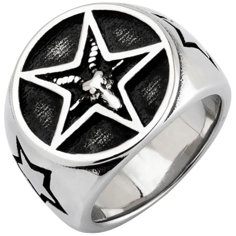 Five-pointed Star Rings Fallen Angel Fashion Jewelry Lucifer Goat Head of Satan Pentagram Stainless Steel for Man and Women 7-12