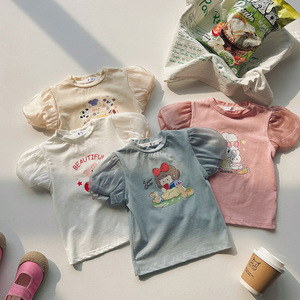 Nueva ropa de verano para niñas: <span class=keywords><strong>Camiseta</strong></span> de malla con mangas abullonadas y diseño de conejo de dibujos animados, estilo coreano para niñas pequeñas y medianas. - Product Image 3