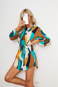 Nuovo arrivo all'ingrosso <span class=keywords><strong>vestito</strong></span> da donna in vita <span class=keywords><strong>vestito</strong></span> colletto con stampa Casual manica lunga su misura Mini t-shirt abito - Product Image 2