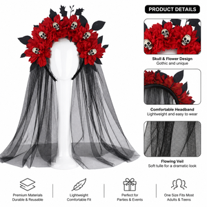 Voile noir d'Halloween avec couronne florale squelette pour déguisement funéraire, bandeaux de mariée, accessoires de cheveux gothiques pour fête - Product Image 3
