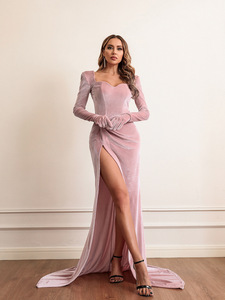 Abiti da sera rosa <span class=keywords><strong>in</strong></span> <span class=keywords><strong>velluto</strong></span> <span class=keywords><strong>con</strong></span> scollo a V di alta qualità abito da sera Sexy Grace <span class=keywords><strong>con</strong></span> guanti - Product Image 6
