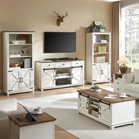 Mesa de Centro y Mueble para TV de Diseño Rústico Blanco con Puertas Correderas Estilo Granja y Cajones de Almacenamiento