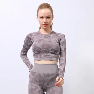 Camouflage femmes sport Yoga vêtements à manches longues chemises léopard imprimé sans couture tricot Yoga sweats à capuche personnalisés vente en gros livraison directe