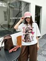 T-shirt blanc oversize pour femme, motif léopard dessin animé devant, motif léopard et lettres derrière, streetwear, manches courtes