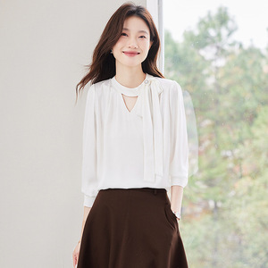 French Style Tie Neck Long Sleeve Shirt Women <b>White</b> Chiffon Solid Color Casual Spring Autumn Top - Product Image 4