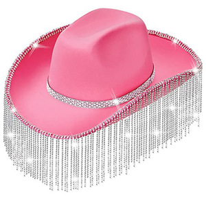 Sombrero de Vaquero con Borlas de Diamantes de Imitación de 12 cm, Sombrero de Vaquera Rosa Personalizado para Fiesta Rave Jazz - Product Image 1