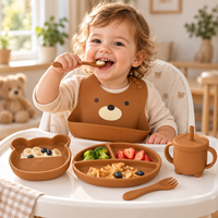 Ensemble d'alimentation pour bébé en silicone personnalisé OEM avec assiette compartimentée, bol et couverts pour la vente en gros