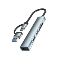 Matériel en alliage d'aluminium, hub USB à double connecteur, 5 ports avec un port USB3.0, deux ports USB2.0, lecteur de cartes SD, TF