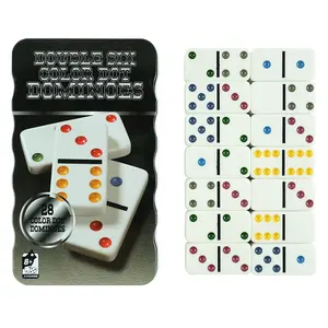 Boîte en étain ondulée double 6 couleurs, points blancs 5010 5008 dominos avec design personnalisé pour jeu de table