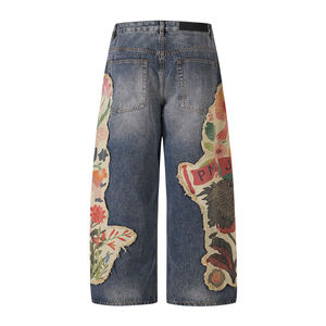 Wholesale Custom Men Vintage Jeans Mid Waist Balloon Jeans <b>Floral</b> Butterfly Embroidery Patch Tassel Men's Baggy Denim Pants - Product Image 3