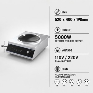 Cuisinière à induction concave commerciale 5000W 110V 220V, plaque de cuisson robuste pour wok, idéale pour restaurant chinois et cuisine commerciale asiatique - Product Image 2