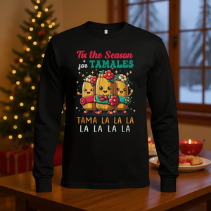 T-shirt à manches longues unisexe avec col rond et impression numérique, motif humoristique de vacances, design Meme, saison des Tamales - Product Image 2