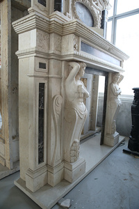 Grande cheminée décorative en marbre <span class=keywords><strong>beige</strong></span> de pierre calcaire européenne cultivée, sculptée, à double niveau, avec statues figurées - Product Image 4