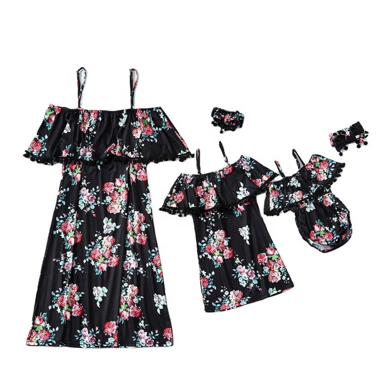 Черные шорты с принтом; Однотонное платье с оборками и рукавами для малышей; Эксклюзивное Платье для мамы и ребенка