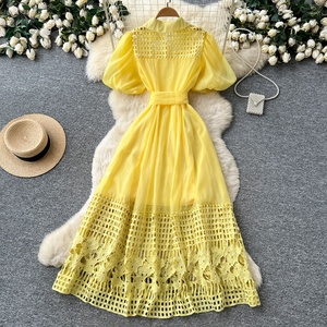 Vestido de Verano y Primavera, Nuevo Diseño de Moda, Manga Abullonada, Diamantes, Escote Redondo, Vestido Midi Informal - Product Image 5