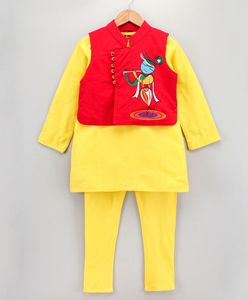 Twisha – Vêtements ethniques élégants pour garçons, Kurta jaune et rouge associé à un pyjama et une veste imprimée (6 mois – 8 ans) - Product Image 1