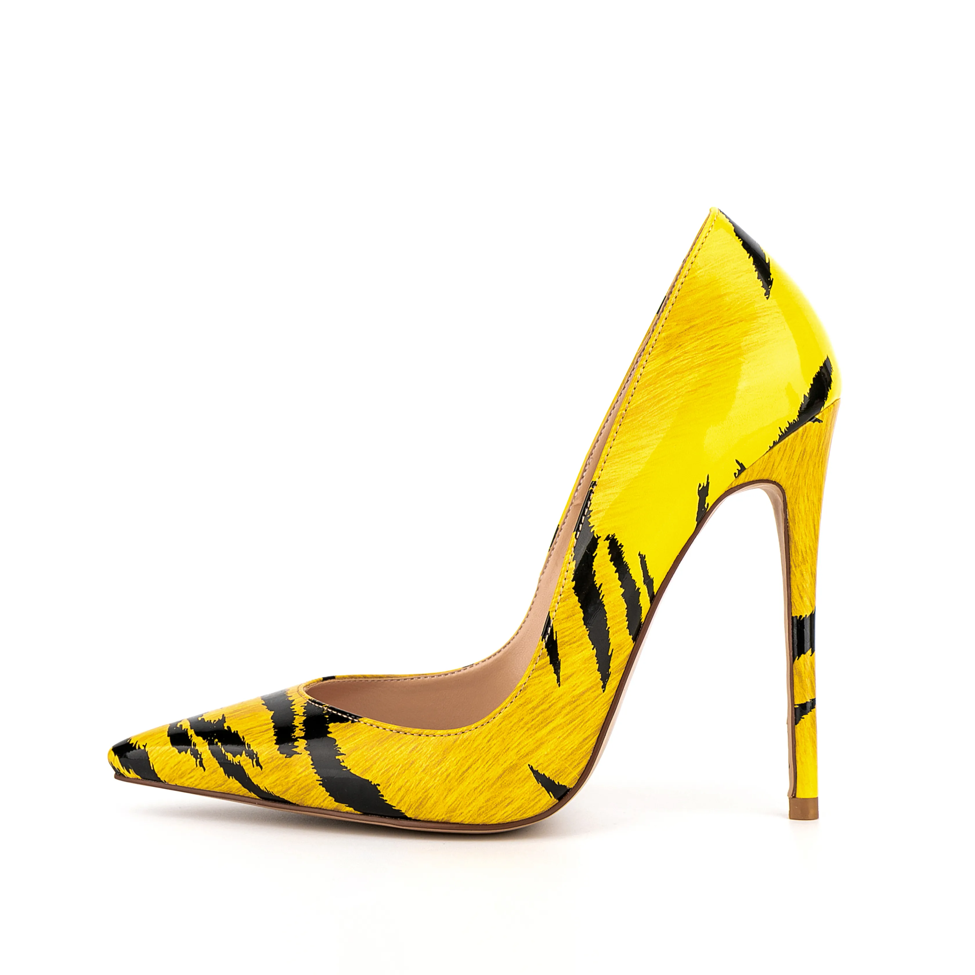 Zapatos de tacón de aguja puntiagudos para mujer, calzado con estampado 3D de Tigre, amarillo, de boca baja, 2023