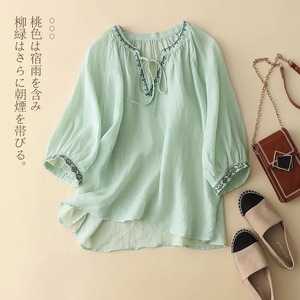 Women's Cotton Linen Embroidered V-<b>Neck</b> <b>Tie</b> Sleeve T-Shirt Loose Summer Top Breathable - Product Image 4