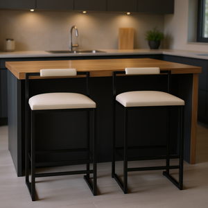 Taburetes de bar modernos con estructura metálica, tapizados en piel sintética beige, para isla de cocina, altura de mostrador, juego de 2. - Product Image 2