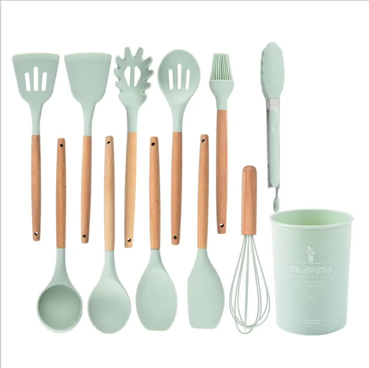 Luxury Silicone Eco Friendly Cooking Utensil Kitchenware Set Home And Kitchen Accessories With Wooden Handle
