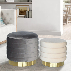 Ensemble décoratif <span class=keywords><strong>de</strong></span> <span class=keywords><strong>2</strong></span> tabourets <span class=keywords><strong>de</strong></span> rangement ronds en velours avec base en anneau doré - Product Image 5