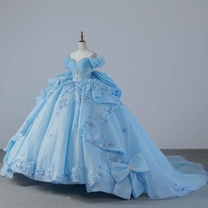 ชุดเดรสงาน Quinceanera สีฟ้าซาตินลูกไม้สไตล์โคลอมเบีย ทรงบอลกาวน์ ยาวลากพื้น พร้อมชายกระโปรงแบบ Chapel Train ช่วงเอวทรงธรรมชาติ ลายพิมพ์ สำหรับวัยรุ่น XV Dons - Product Image 2
