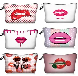 女性の化粧品バッグトラベルバッグポーチ用の新着印刷パターン赤い唇収納化粧バッグ