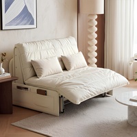 Canapé-lit fonctionnel convertible en cuir véritable crème, multifonctionnel, inclinable intelligent avec rangement pour salon