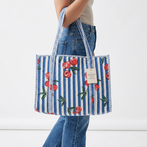 Handblock Print Leopard <b>Tote</b> Bag Blue White Stripes <b>Canvas</b> Open Closure Preppy Style Summer Winter Spring Shopping Bag - Product Image 1