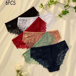 Set di 6 Pezzi di Mutandine da Donna in Cotone e Pizzo, Slip Brasiliani con Fiocco, Tessuto a Costine, Pizzo Trasparente sul Retro - Product Image 2