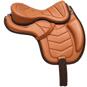 EQUIPO Silla de Montar Inglesa de Cuero Sintético Tan con Asiento Profundo, Solapas Acolchadas, Ribete Marrón, Arco de Madera y Herrajes Niquelados - Product Image 1