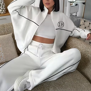 Custom <span class=keywords><strong>Ladies</strong></span> <span class=keywords><strong>Casual</strong></span> Striped Trainings anzug 2 Stück Langarm Full Zip Top Kordel zug Breite Straight Pants <span class=keywords><strong>Outfits</strong></span> - Product Image 6