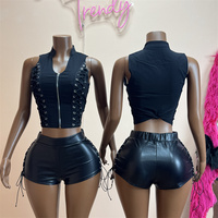Ensemble deux pièces pour femme, haut court sans manches à lacets et fermeture éclair, short taille haute en similicuir, ensemble moulant et ajusté