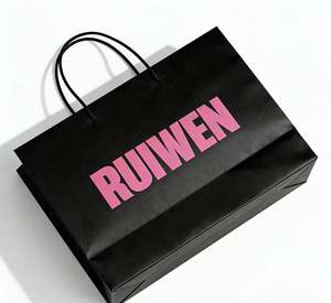 Sacs shopping en papier kraft noir mat de luxe avec impression de logo rose personnalisée et poignée en ruban pour l'emballage de boutiques de vêtements - Product Image 2
