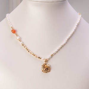 Freshwater <b>Pearl</b> & Carnelian Gold-Plated Necklace with Ornate Pendant Mixed Chain <b>Choker</b> Necklace Fashion Luxury Jewelry - Product Image 1