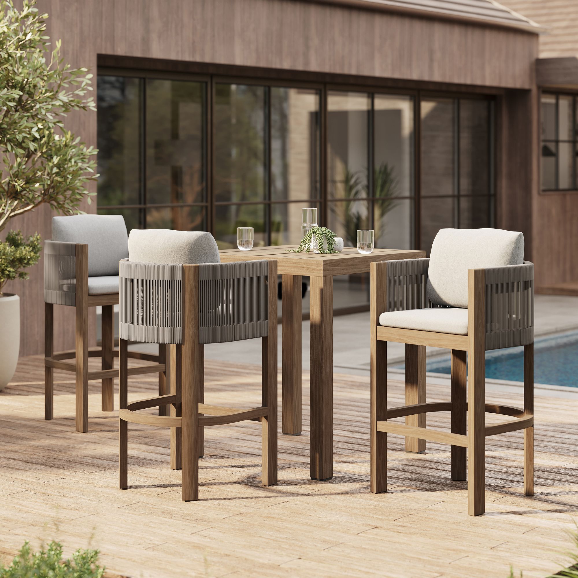 Professional manufacturer modern garden furniture all season rope weave teak counter chair outdoor bar stool