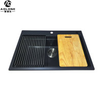 Évier de cuisine en quartz granit noir de style moderne, fait main, épaisseur 10 mm, double bac avec égouttoir