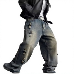 Jean Harem en Denim pour Homme Coupe Ample Taille Mi-Haute Décoration Rivets Coton Tissé Délavé Style Hip Hop Automne - Product Image 1