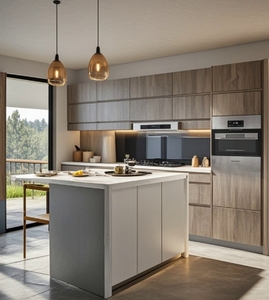 Armoires de cuisine modulaires modernes en bois, designs personnalisés, cuisine de villa avec éclairage LED - Product Image 2
