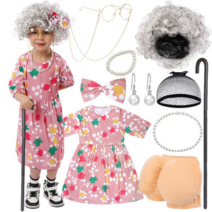 Nuovo <span class=keywords><strong>Costume</strong></span> da Nonna con Vestito a Fiori per Bambini, Travestimento da <span class=keywords><strong>Vecchia</strong></span> Donna per Halloween e Carnevale con Parrucca e Bastone - Product Image 1