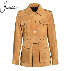 فاخر جلد الخراف الحقيقي جلد بومبر سترة راكب الدراجة النارية حزام اتجاه جديد أزياء تناسب ضئيلة مخصص لينة جلد الغزال الأصلي سترة النساء - Product Image 1