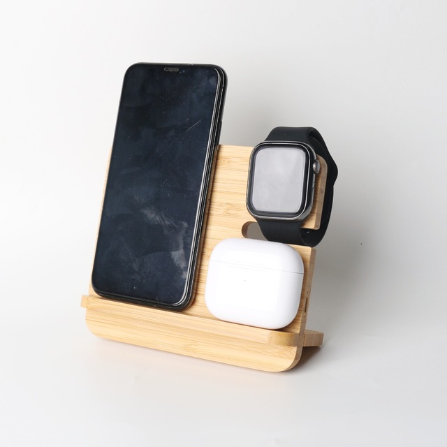 3 in 1 Detachable Bamboo Wireless Charging Station | Fast Foldable Charger Stand for Phone, Watch & Earbuds