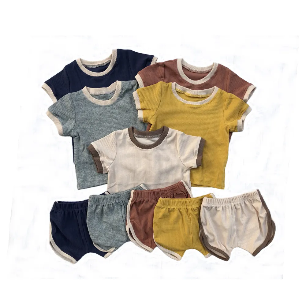 New design summer baby boy sets splice blank rib cotton short sleeve t-shirts and opening legging shorts kids outfits