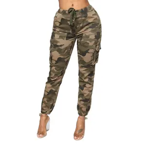 Hot selling casual women elastic waist with drawstring camouflage slim cargo pants