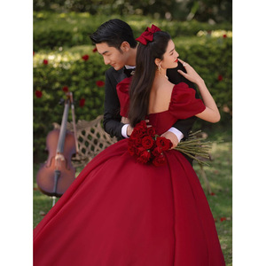 Red Ball Gown Wedding Dress Square Collar Natural Waist Vintage Style Full Skirt Long Sleeve Formal Bridal Gown - Product Image 3