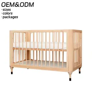 Custom Solid Beech Wood Baby Cot Multifunction with Drawing Board Kid Play Wheels Easy Movable Baby Bed Wood