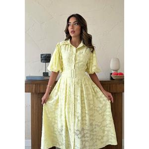 Robe chemise jaune à manches ballon et ceinture, col rabattu, en tissu tissé vintage respirant, pour usage quotidien décontracté - Product Image 3