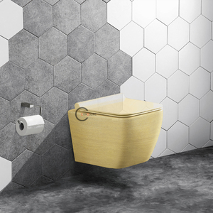 Inodoro suspendido de porcelana de 180 mm con sifón en P, acabado rugoso, color dorado, con tapa de asiento de cierre suave y sanitario - Product Image 5