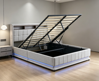 Lit plateforme moderne gain de place, capitonné et rembourré, avec panneau en MDF, rangement hydraulique sous le lit, éclairage d'ambiance LED, multifonction